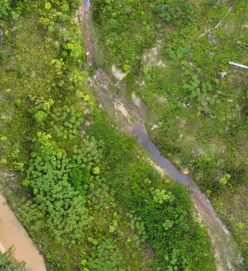 The Crique Korossibo site from the air, bare mining ground in February 2022 and closed young forest four years later