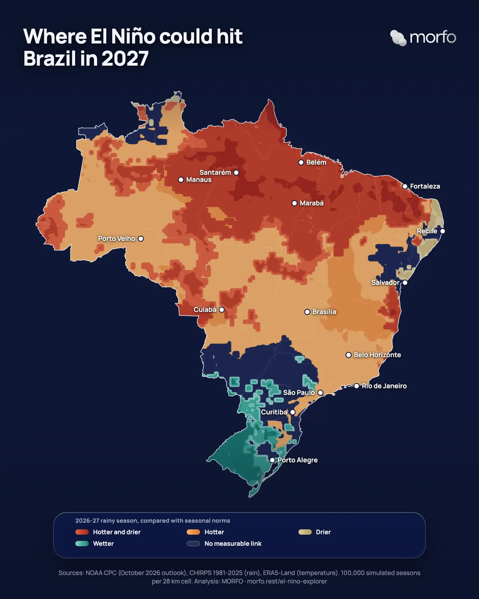 Where El Niño could hit Brazil in 2027: the 2026-27 rainy season compared with seasonal norms. Analysis MORFO.