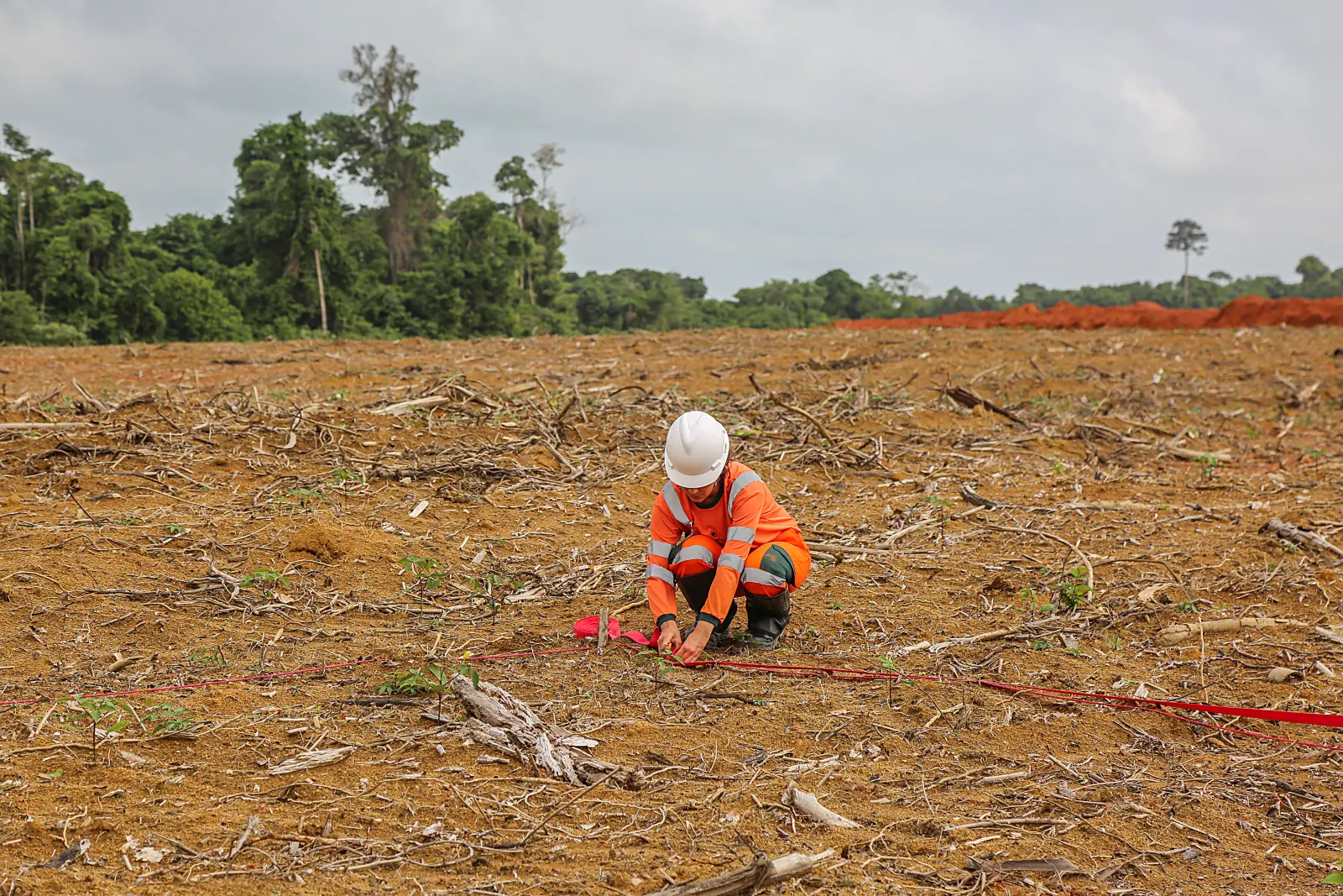 A field agent marking out a measurement plot on the mining substrate